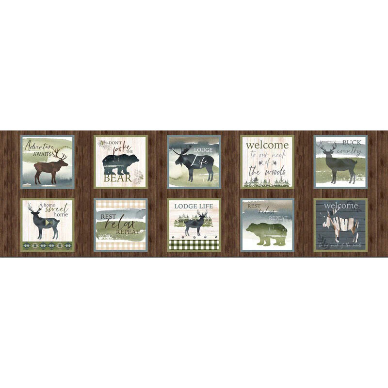 A collage of rustic signs featuring wildlife and nature themes, including bears and moose, with welcoming phrases.