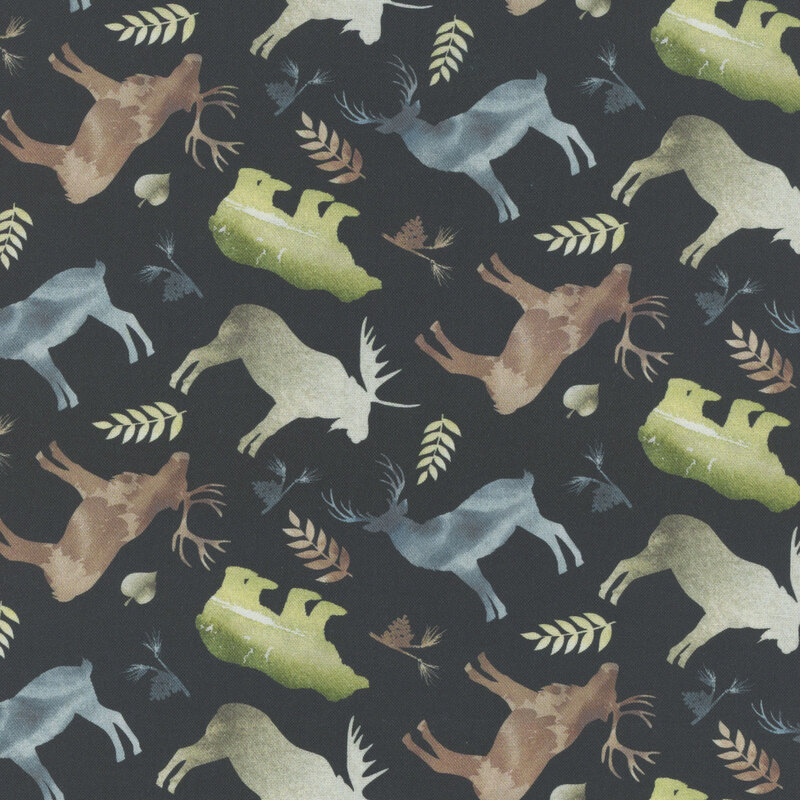Repeat pattern featuring stylized moose and leaves on a dark background.
