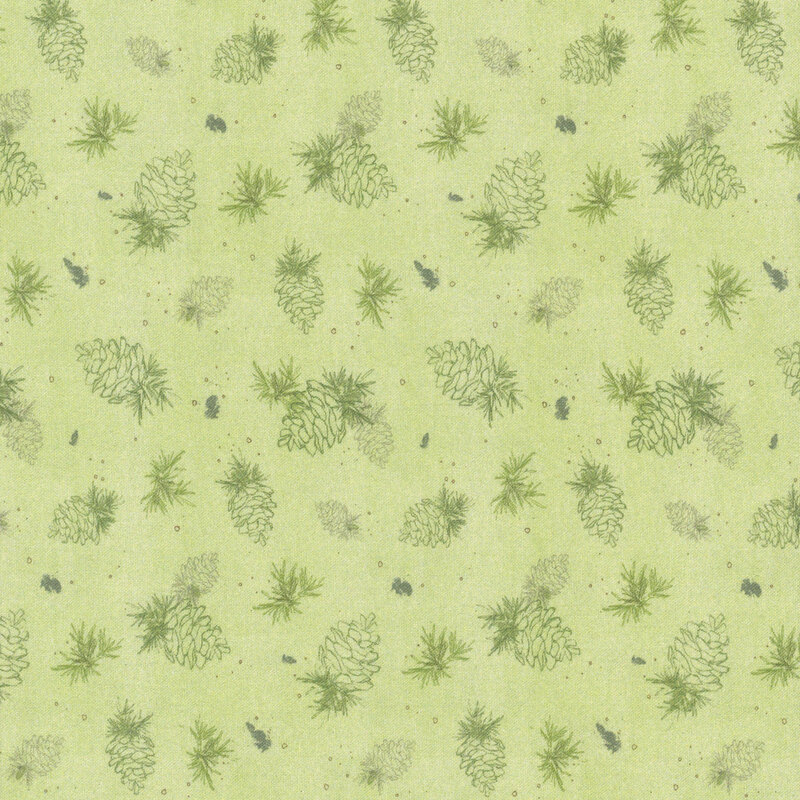 Seamless pattern of pinecones and foliage on a light green background.
