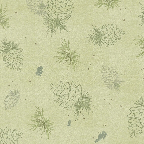 Seamless pattern of pinecones and foliage on a light green background.