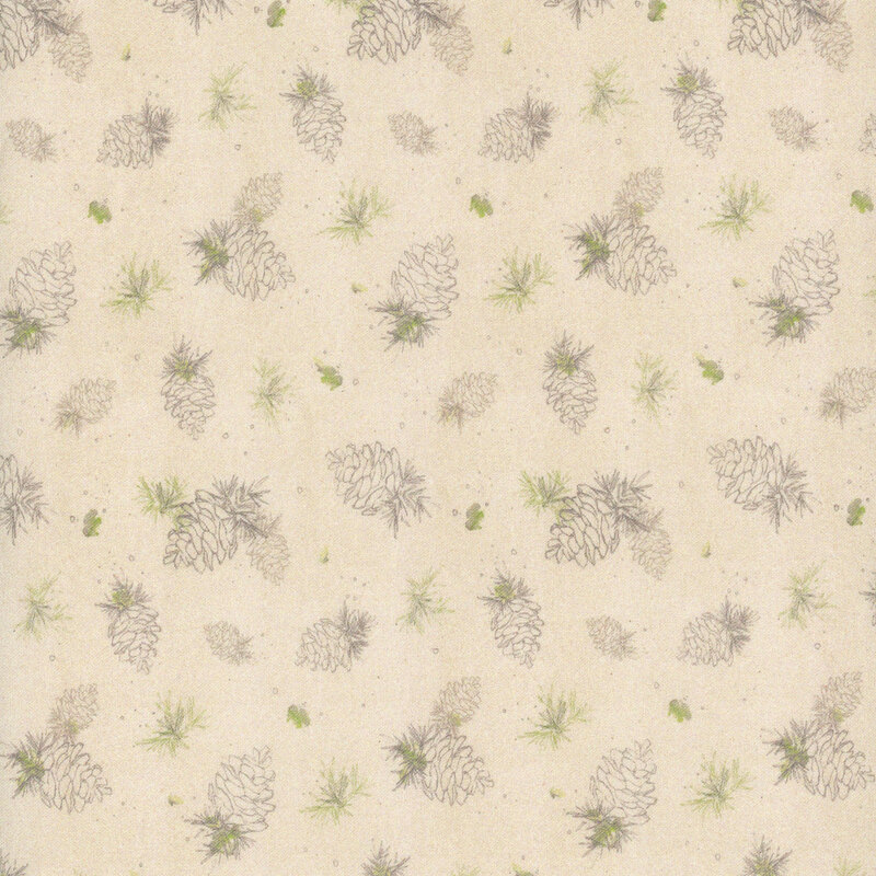 A light beige background features a pattern of sketched pine cones and delicate green foliage.