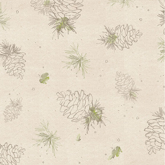 A light beige background features a pattern of sketched pine cones and delicate green foliage.