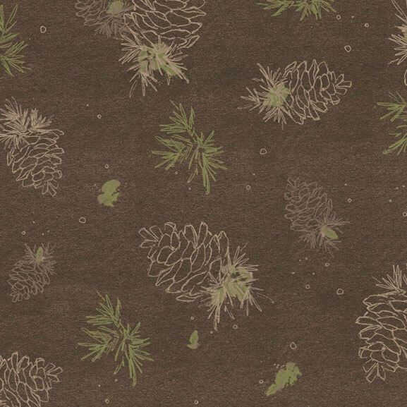 Pattern featuring pinecones and green foliage on a dark brown background.