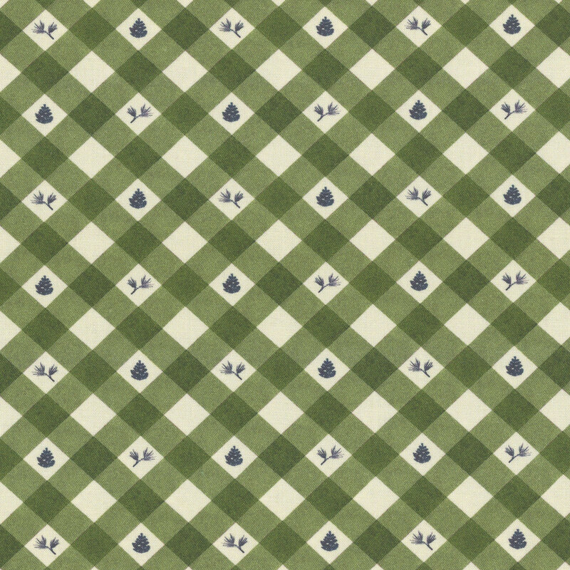 Green and cream diamond pattern featuring pine and spruce tree illustrations.