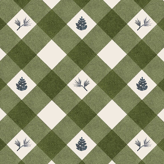 Green and cream diamond pattern featuring pine and spruce tree illustrations.