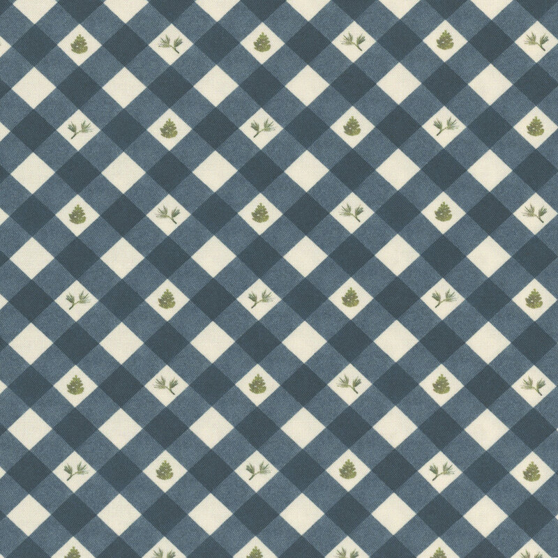 A diamond-patterned textile featuring green pine tree illustrations on a blue and cream background.