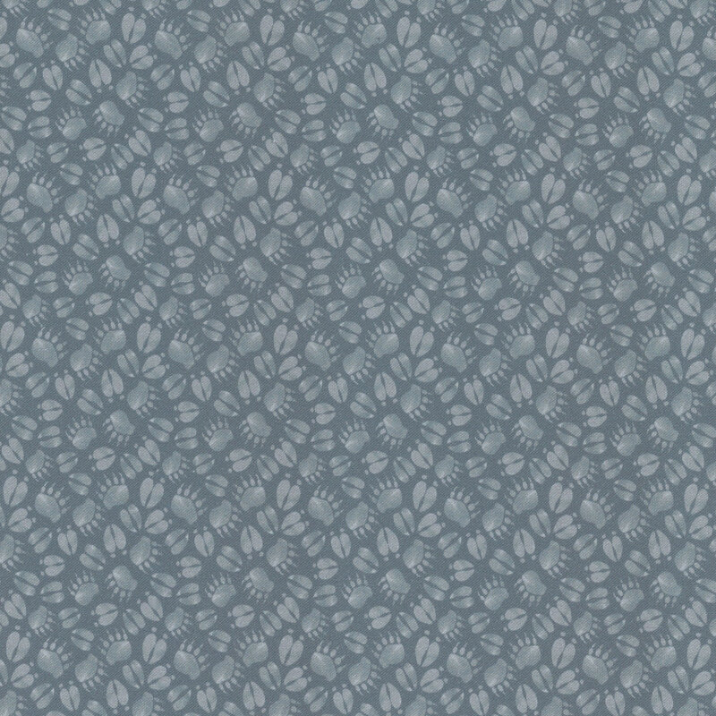 Seamless pattern of various animal paw prints in light gray on a dark teal background.