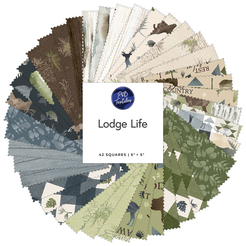 Fabric swatches in a circular arrangement labeled Lodge Life with 42 five-inch squares, featuring earthy colors and patterns.