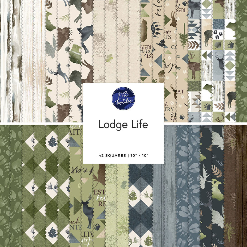 A collage of fabric squares in green, beige, and blue tones with woodland patterns, titled Lodge Life.