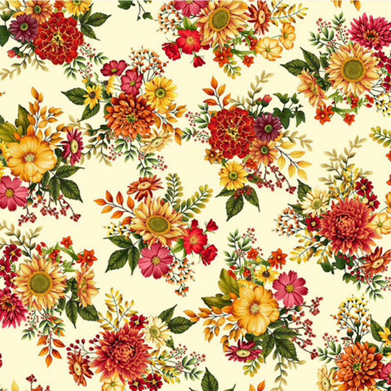 A beautiful fabric pattern featuring various flowers in shades of red, yellow, and orange on a light cream background.