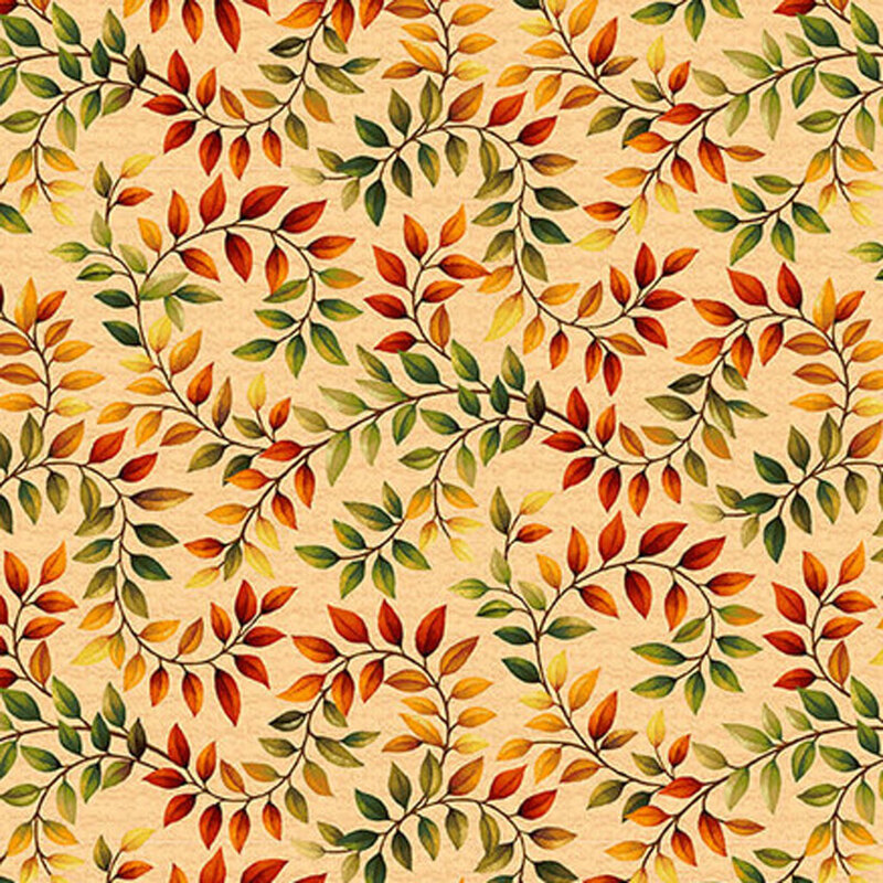 A fabric pattern of swirling vines with green, orange, and red leaves against a pale orange background.