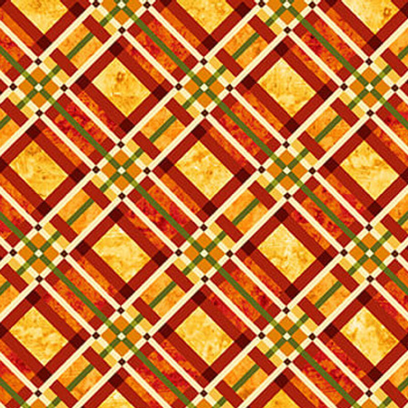 A colorful plaid pattern featuring shades of red, yellow, and green with varying geometric shapes.