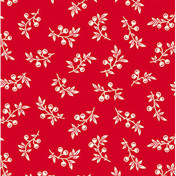 Red fabric with a floral pattern featuring white branches and small berries scattered throughout.