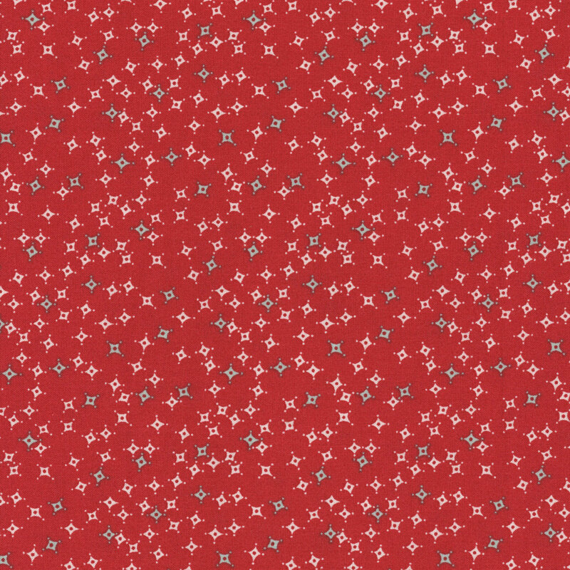 Red background with a repeated pattern of white and turquoise star-like shapes.