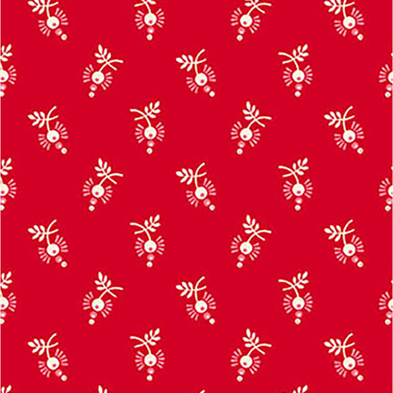 Red fabric covered with a repetitive floral pattern in white and light green.