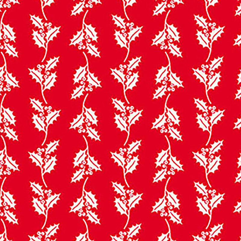 Red fabric with a repeating pattern of white holly leaves and berries.