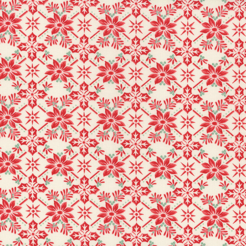 Red and pink floral pattern with stars on a light cream background, arranged in a repeating design.