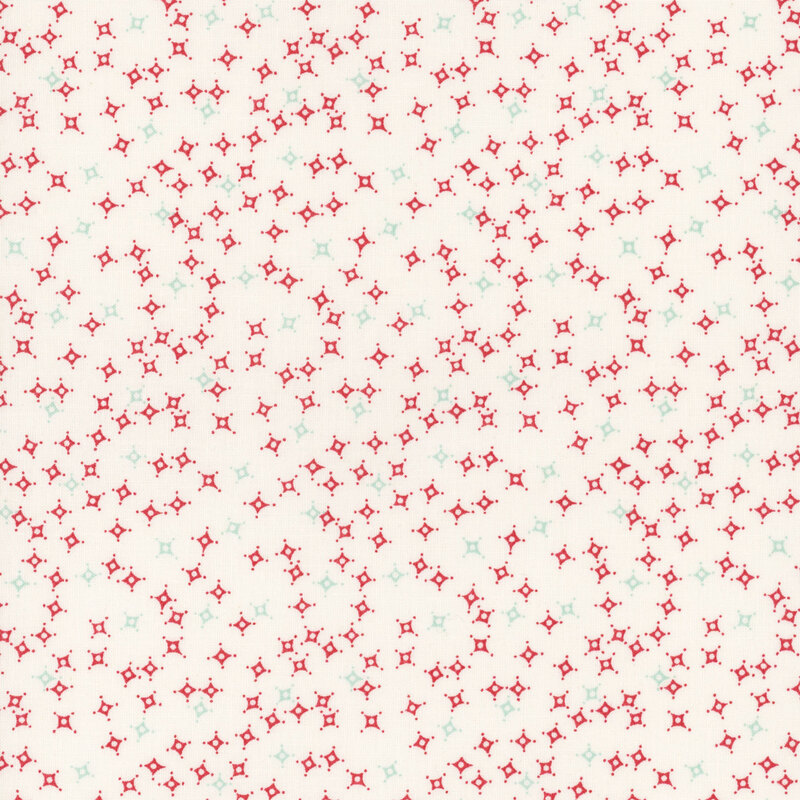 A seamless pattern of small, star-shaped shapes in red and mint on a light cream background.