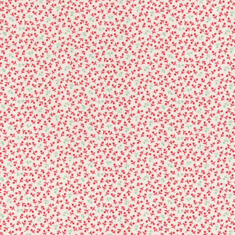 Pattern of small red and aqua florals on a light cream background.