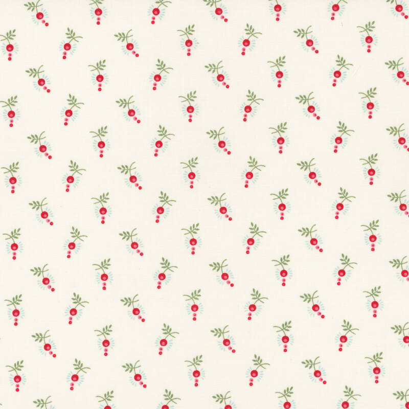 Repeating pattern of red berries and green leaves on a light cream background.
