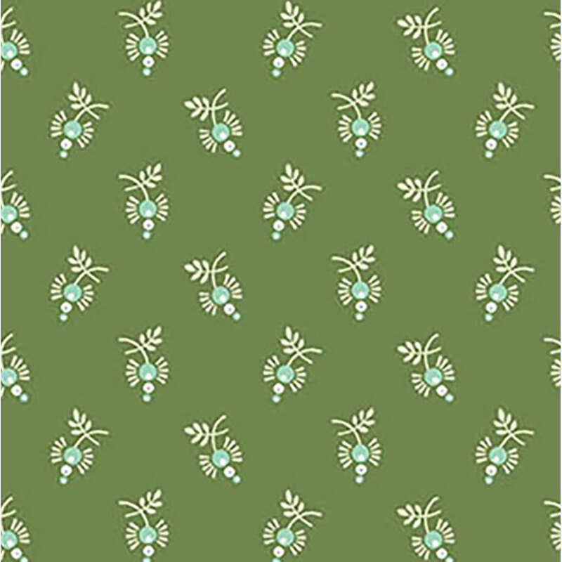 Pattern of small green plants with leaves and berries on a muted green background.