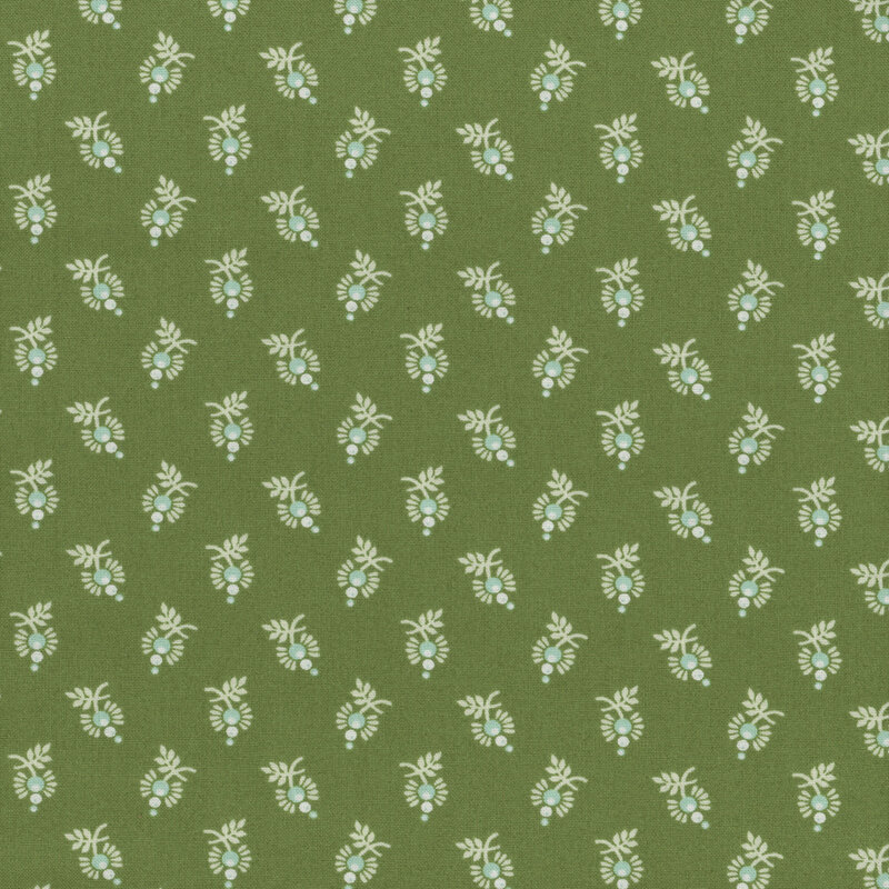 Pattern of small green plants with leaves and berries on a muted green background.