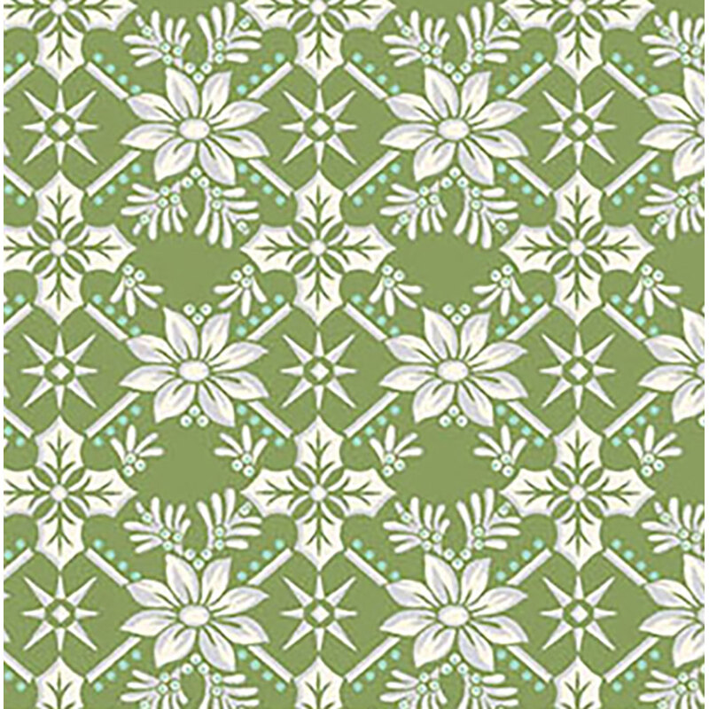 Repeating floral and star pattern in white and light blue on a green background.