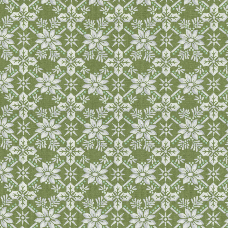 Repeating floral and star pattern in white and light blue on a green background.
