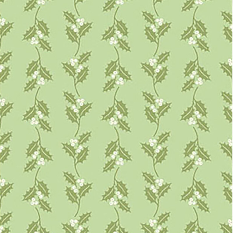 Seamless pattern of holly leaves and white berries on a light green background.