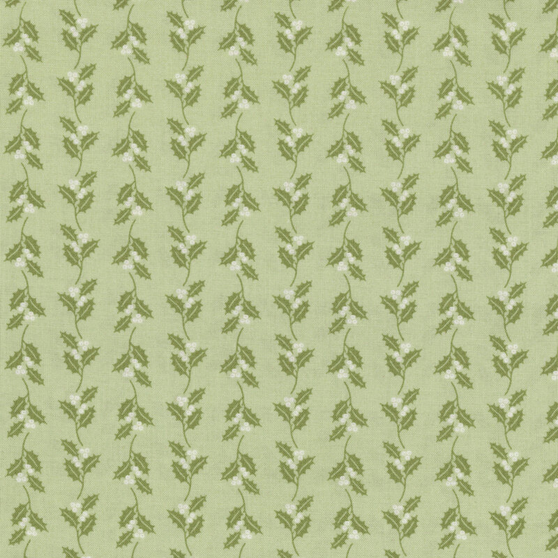 Seamless pattern of holly leaves and white berries on a light green background.
