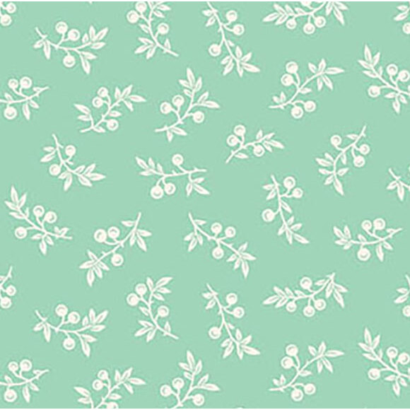 Patterned fabric featuring white botanical illustrations of leaves and berries on a mint green background.