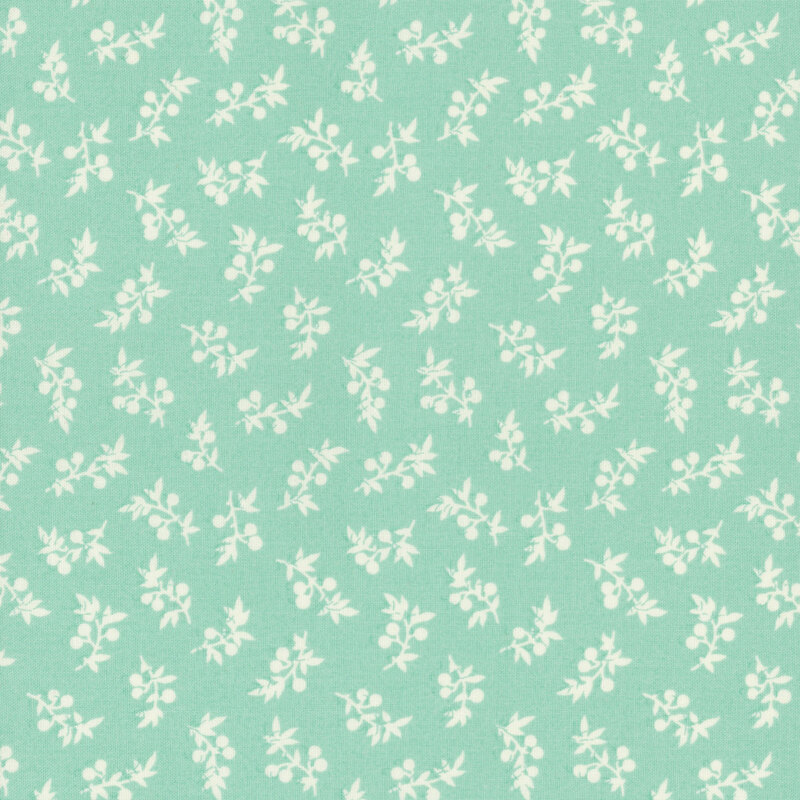 Patterned fabric featuring white botanical illustrations of leaves and berries on a mint green background.