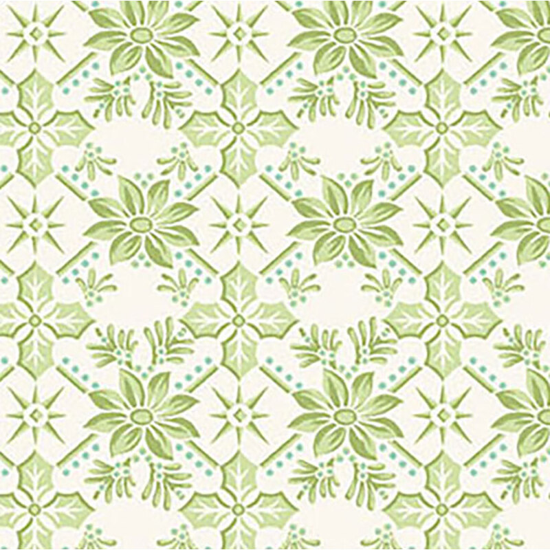 Repeat pattern featuring green flowers and leaves on a light background, creating a festive design.