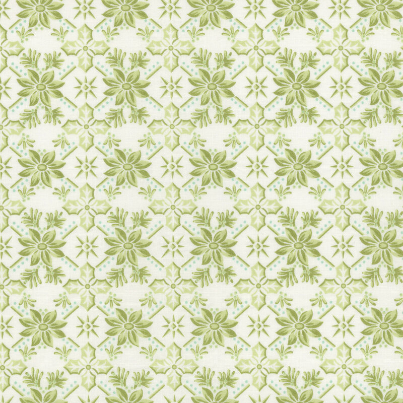 Repeat pattern featuring green flowers and leaves on a light background, creating a festive design.