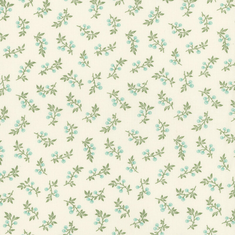 Light cream background covered with small green branches and blue berries in a repeating pattern.