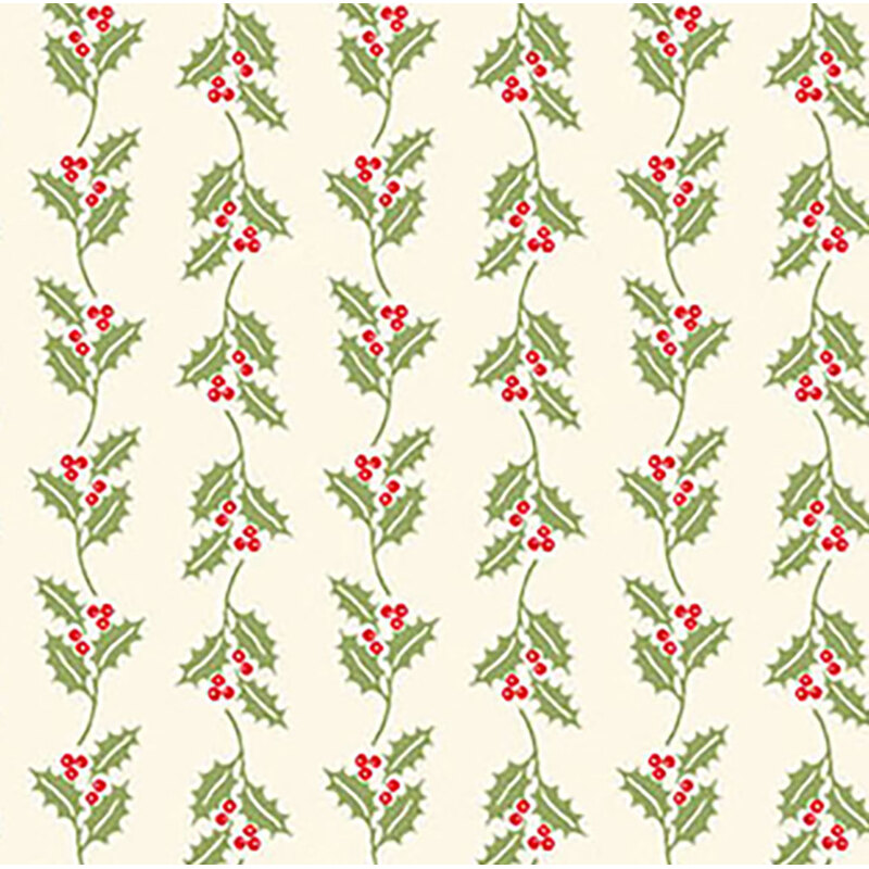 Pattern of holly leaves and red berries on a light beige background, arranged in vertical columns.