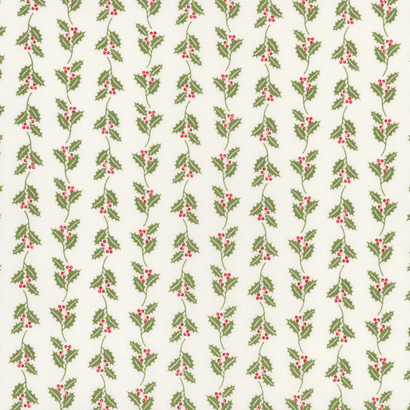 Pattern of holly leaves and red berries on a light beige background, arranged in vertical columns.