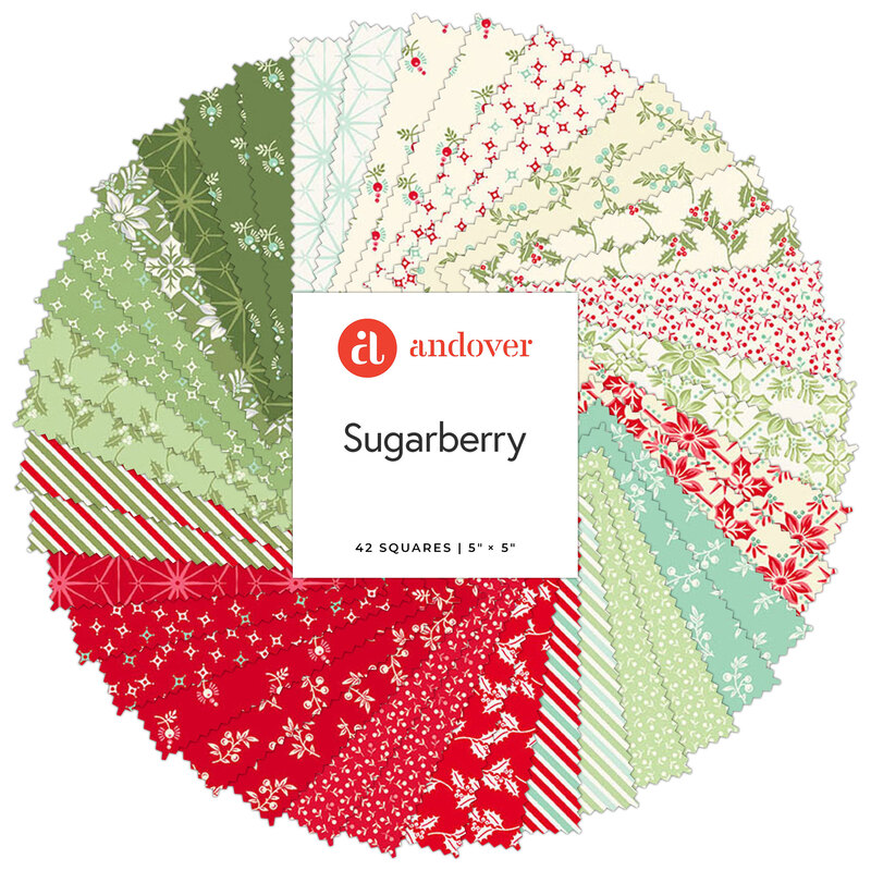 A circular arrangement of fabric squares in red, green, and white patterns labeled Sugarberry.