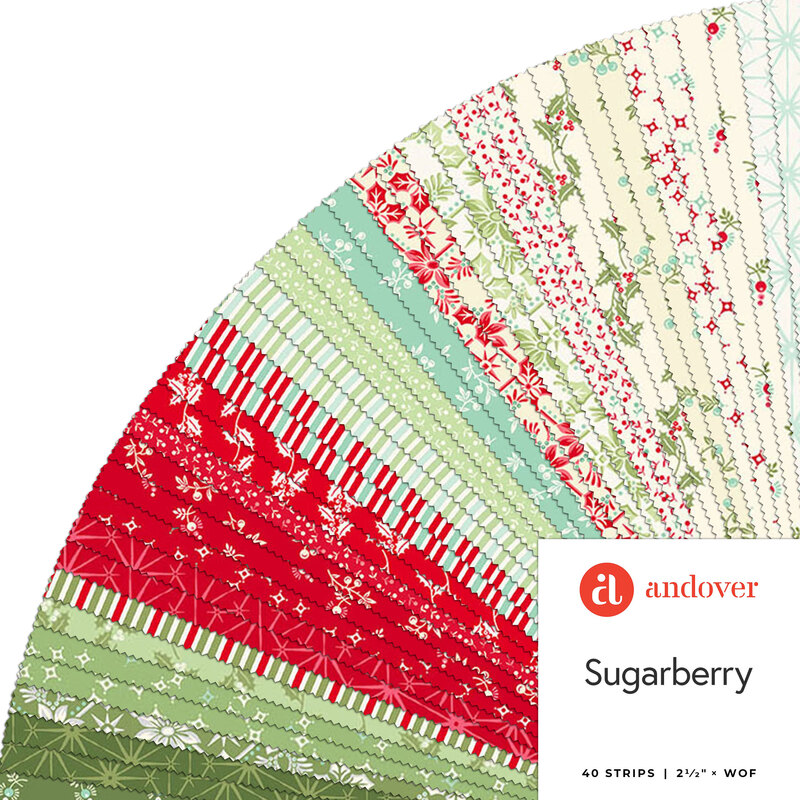 Colorful fabric bundle featuring red, green, and cream patterns labeled Sugarberry by Andover.