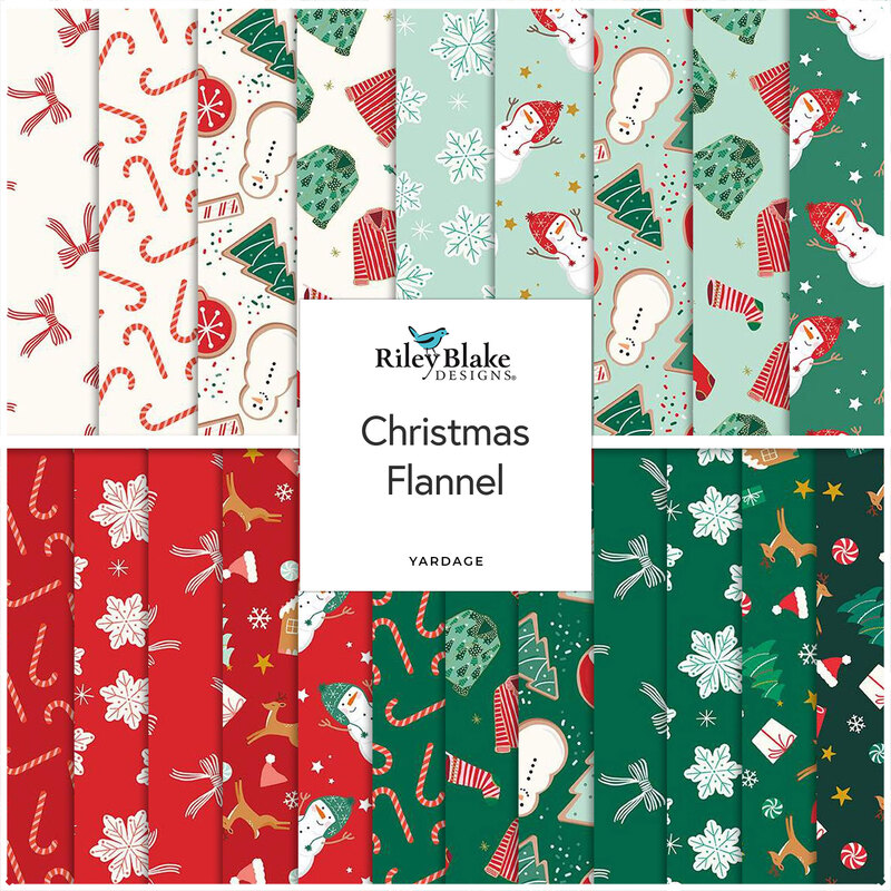 A stacked collage of red, white, aqua, and green Christmas fabrics with a Christmas Flannel tag in the center