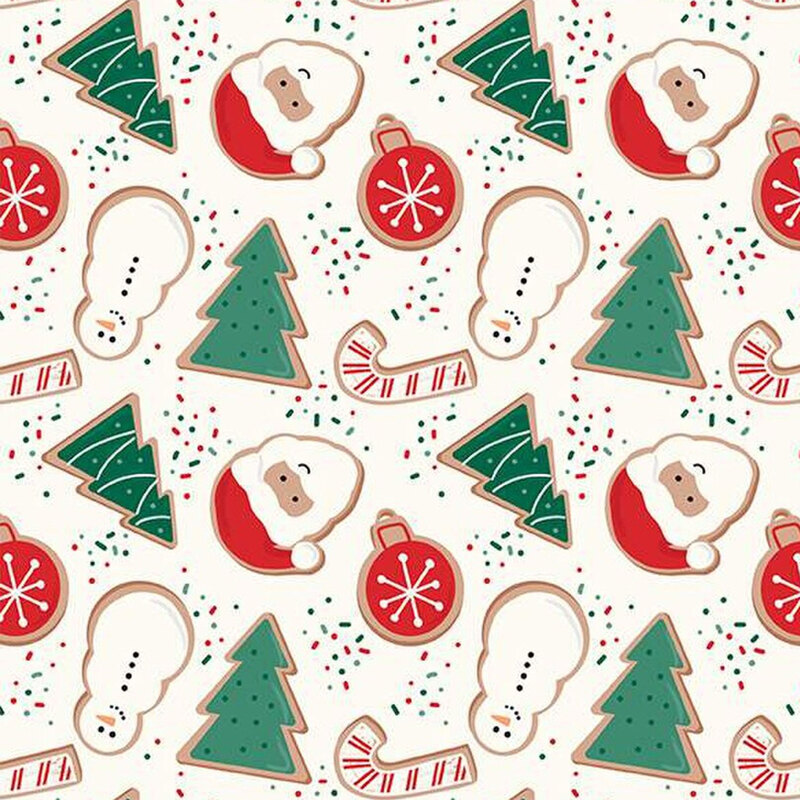 White fabric featuring gingerbread cookies that look like pine trees, candy canes, ornaments, snowmen, and Santa Claus