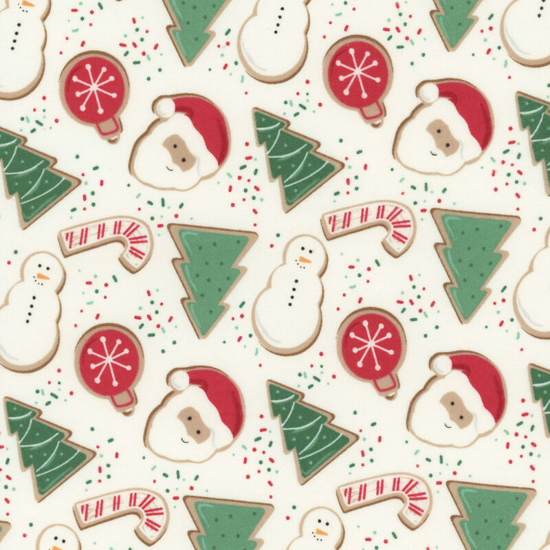 White fabric featuring gingerbread cookies that look like pine trees, candy canes, ornaments, snowmen, and Santa Claus
