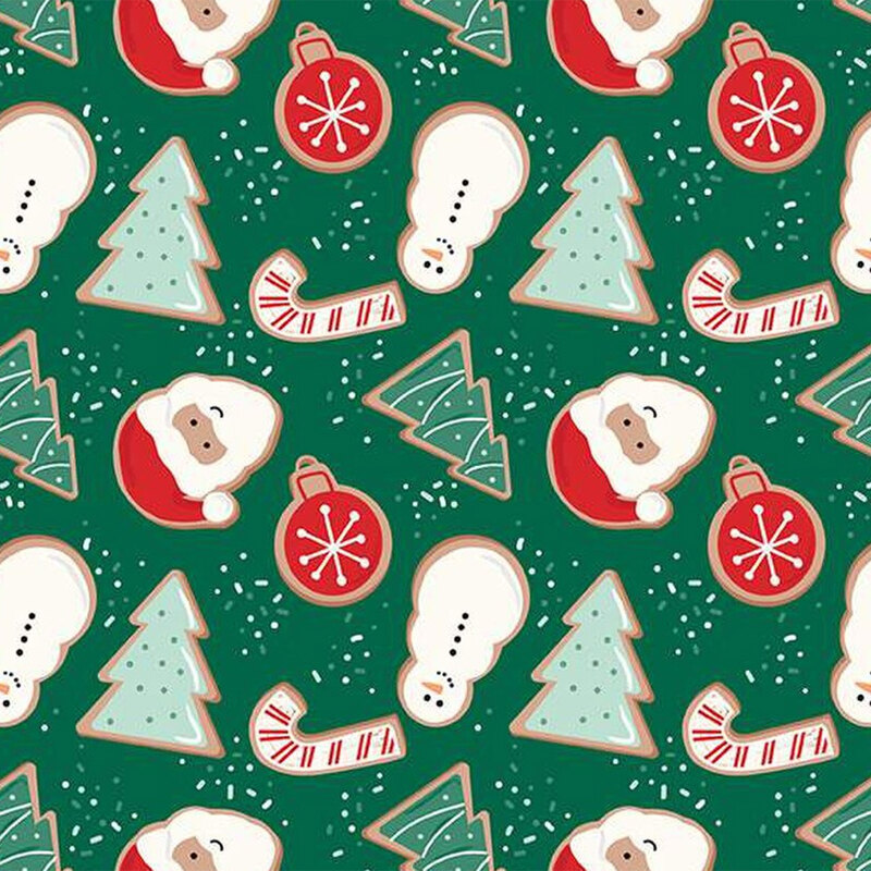 Forest green fabric featuring gingerbread cookies that look like pine trees, candy canes, ornaments, snowmen, and Santa Claus