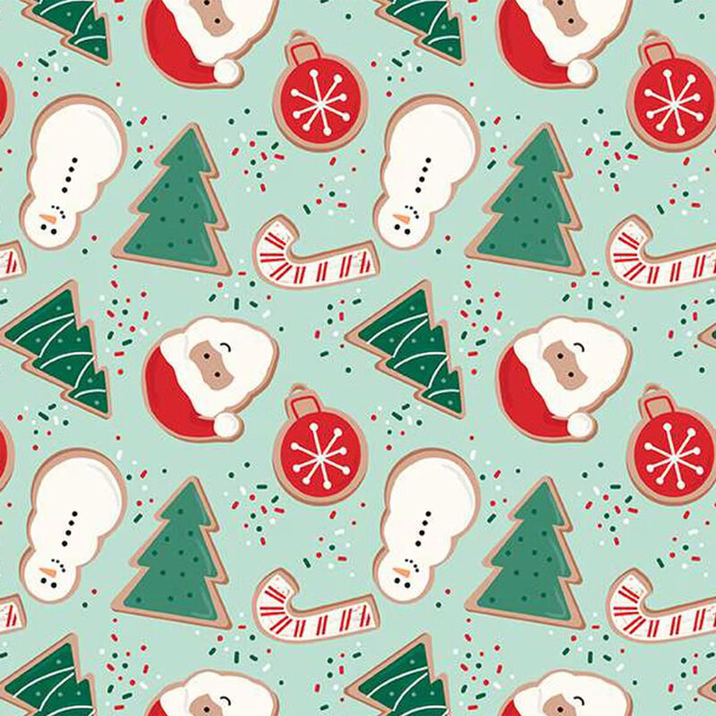 Mint fabric featuring gingerbread cookies that look like pine trees, candy canes, ornaments, snowmen, and Santa Claus