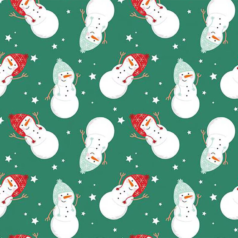 Dark green fabric featuring tossed snowmen wearing winter hats, and small white stars scattered throughout