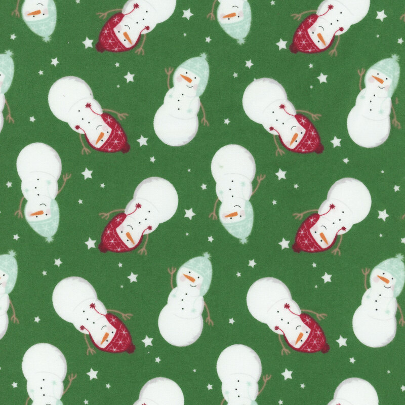 Dark green fabric featuring tossed snowmen wearing winter hats, and small white stars scattered throughout