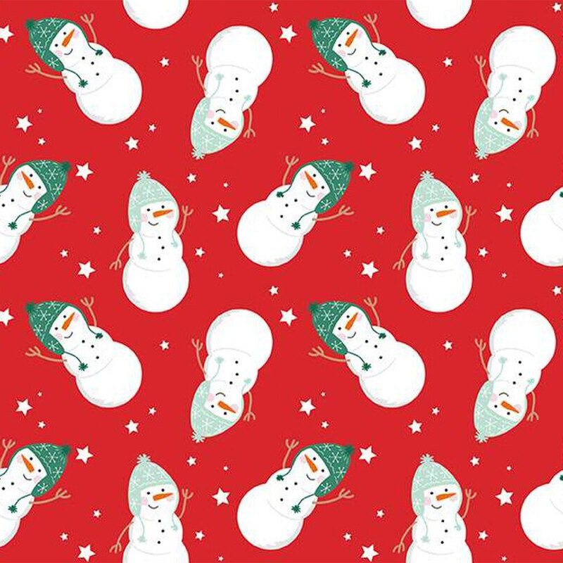 Red fabric featuring tossed snowmen wearing winter hats, and small white stars scattered throughout