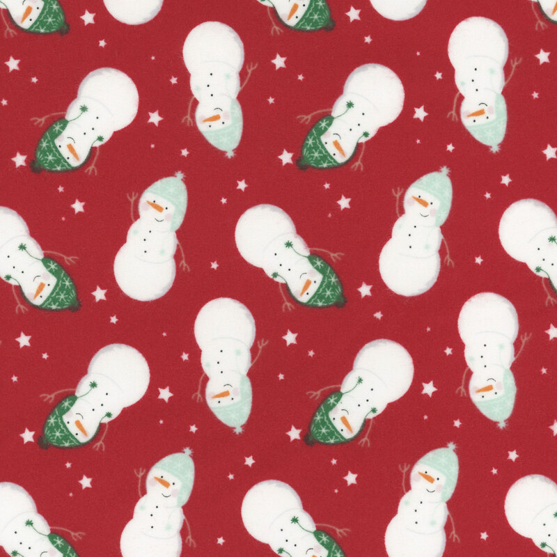 Red fabric featuring tossed snowmen wearing winter hats, and small white stars scattered throughout