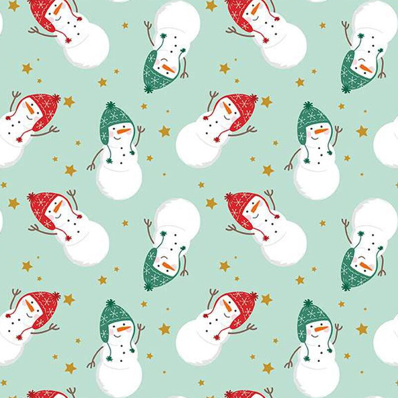 Mint fabric featuring tossed snowmen wearing winter hats, and small white stars scattered throughout