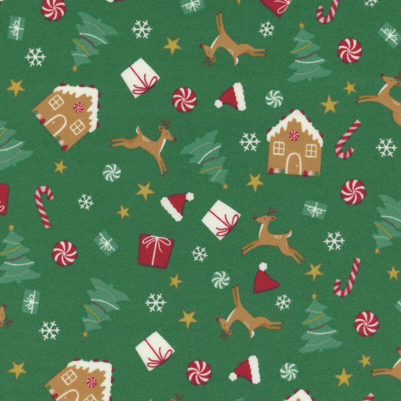 Green fabric featuring a medley of tossed reindeer, stars, Christmas presents, gingerbread houses, mints, and more.